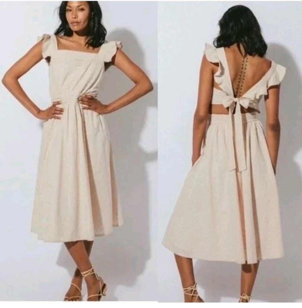 Cleobella Ecru Eyelet Square Necked Sienna Midi Dress Smocked Tie Back Small